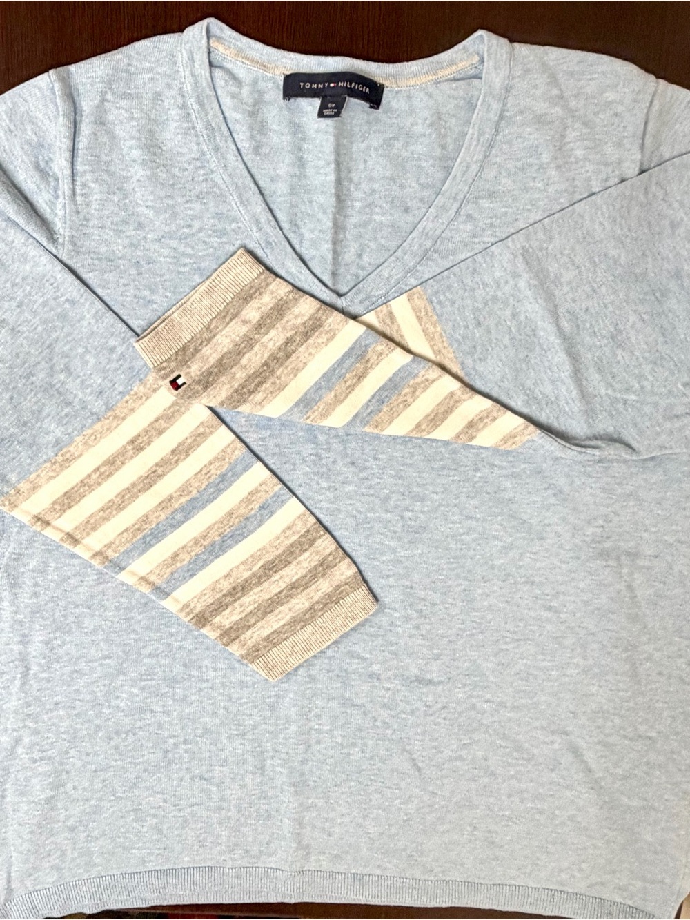Tommy Hilfiger Light Blue V-Neck Sweater with Striped Cuffs